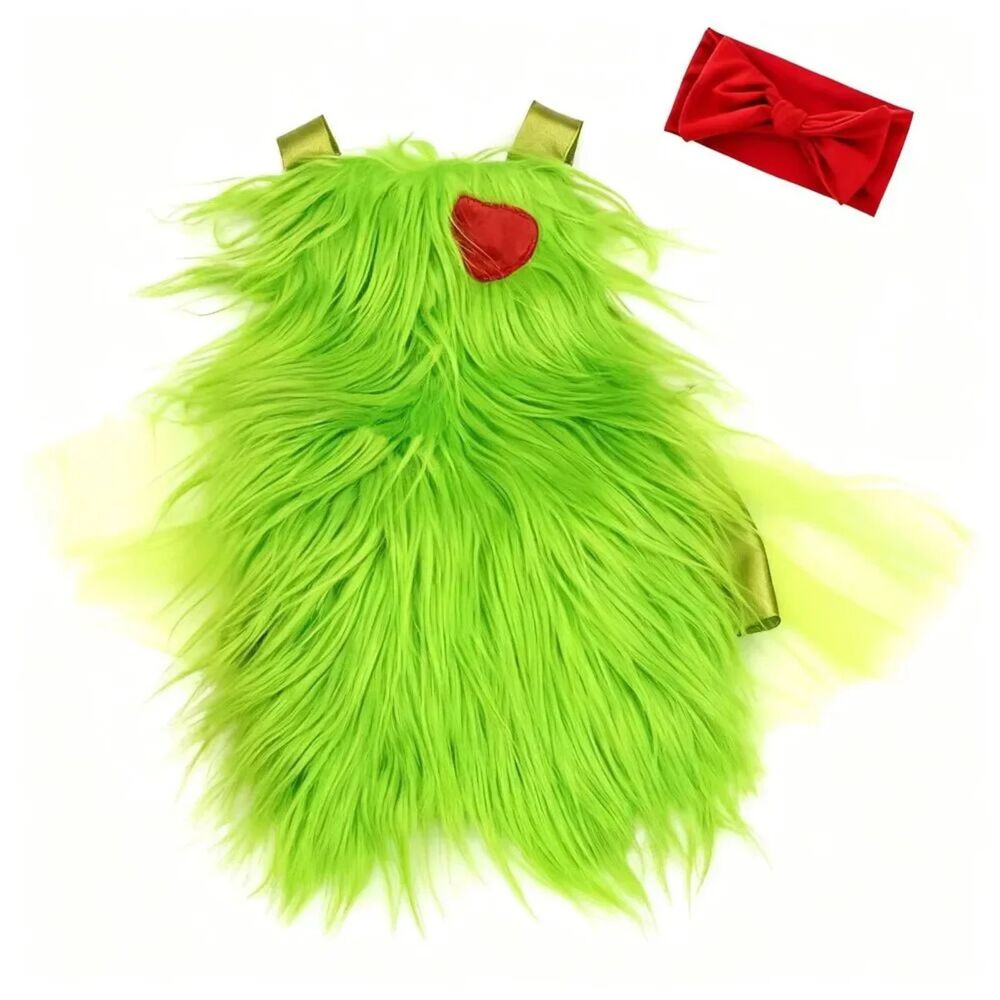 Grinch Baby Costume Green Furry Dress, Tulle Skirt Red Bow (approx 12-24 mo)
